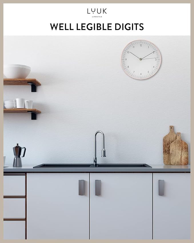 LUUK LIFESTYLE Timeless Wall Clock with Silent Movement and no Ticking, Elegant Design, for Children's Room, Living Room, Bathroom, 12”, White and Rosegold