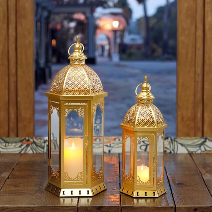 JHY DESIGN Set of 2 Outdoor Candle Lanterns 22"&17" H Decorative Vintage Metal Candle Holders for Garden Porch Indoor Outdoor Parties Weddings Patio Home Decor(Gold)