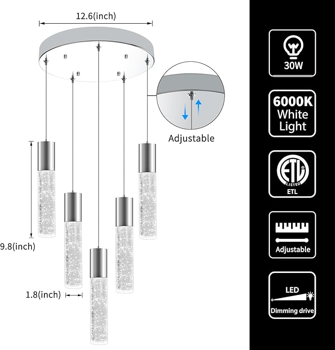 OKELI 5-Light Pendants Light for Kitchen Island Dining Room, 6000K Bubble Crystal Modern LED Kitchen Hanging Lights, 30W Chrome Pendant Lighting Fixture, Round