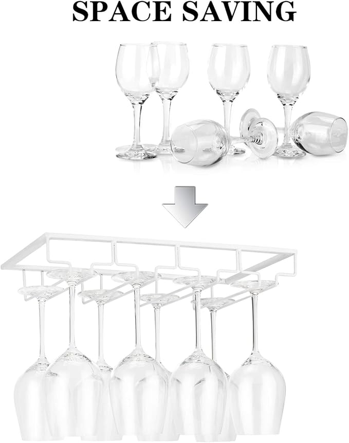 Wine Glass Rack - Under Cabinet Stemware Wine Glass Holder Glasses Storage Hanger 2 Pack Metal Organizer for Bar Kitchen 4 Rows White