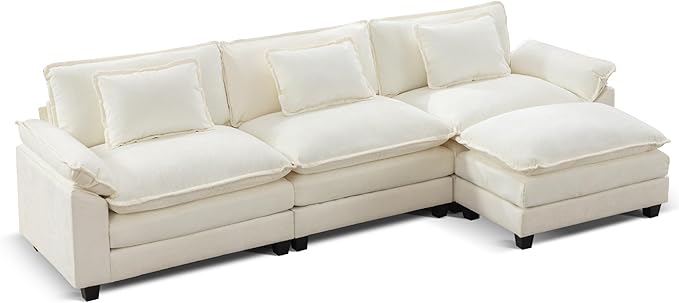 URRED Modular Sectional Sofa Comfy Cloud Couch, Modern Chenille Sofa Sleeper Deep Seat Couches with Ottoman/Pillows for Living Room (White, 117''- L Shape)