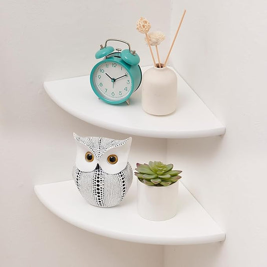 Corner Shelves, Floating Corner Shelf, Set of 2 Solid Oak Wood Wall Shelves, Round End Wall Mount with Wire Hole Shelving for Small Plant for Bedroom Kitchen, Living Room (White, 7.1in 2P)