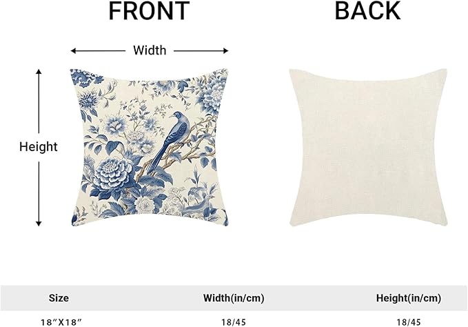 CXMEIFLY Spring Floral Pillow Covers 18 x 18 Inch Set of 2 for Chinoiserie Flowers Bird Decor Throw Pillows Vintage Blue and White Plant Outdoor Decorative Cushion Cases for Couch Bed Decorations