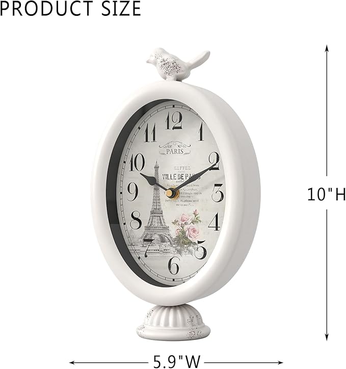 Vintage Table Clock with Bird, Desk and Shelf Decor Clock, French Paris Style, Antique White Metal Mantel Clocks for Living Room, Farmhouse, Bedroom, Bedside, Gift (10" H x 5.9" W)