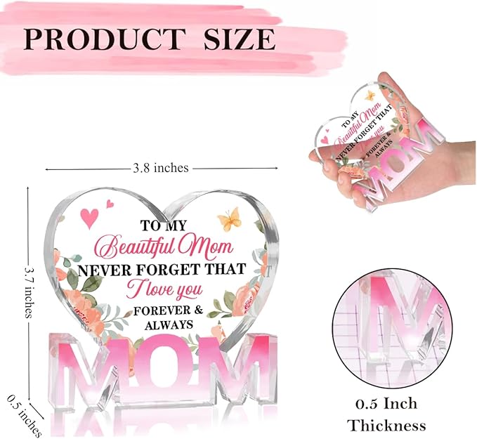 Mothers Day Gifts Best Mom Gifts -Gifts for Mom from Daughter Son - Best Mom Ever Gifts Unique Mother Birthday Acrylic Heart-Shaped Plaque Desk Decorations Present for Mom Christmas Anniversary