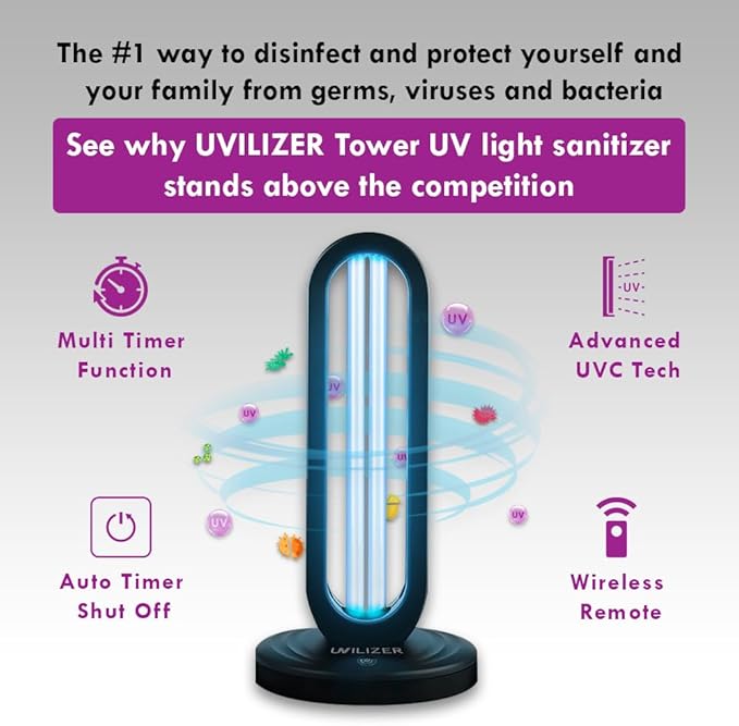 Tower - UV Light Sanitizer & Ultraviolet Lamp with Remote Control (UV-C Cleaner for Home, Room, Office | 38W UVC Disinfection Bulb | Kill Germs, Bacteria, Virus, Dust | USA)
