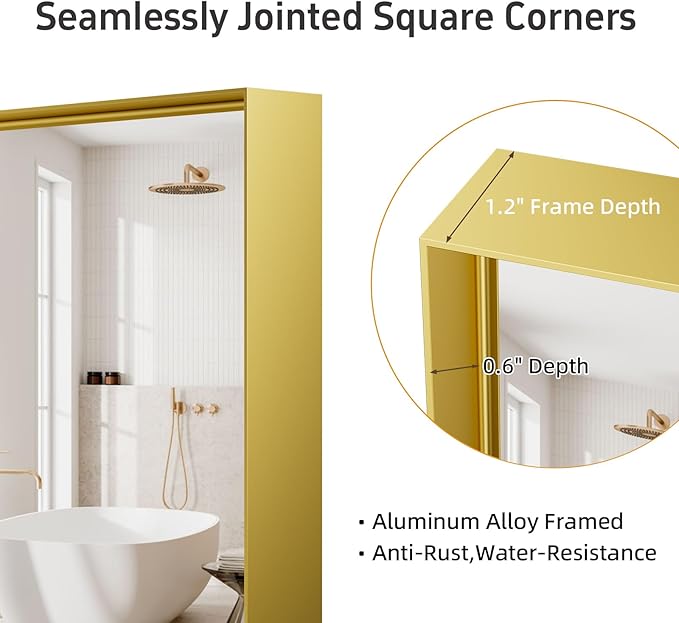 60x30 Inch Gold Bathroom Mirrors for Over Sink, Modern Rectangle Mirror, Large Framed Mirrors, Tempered Glass, Wall Mounted for Bedroom Living Room Horizontal/Vertical