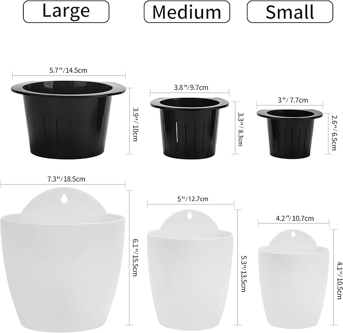 6 Pack White Hanging Planter Pots Self Watering Vertical Garden Wall Mount Window Hang Round Plastic Container Indoor Outdoor for Plants Flowers Succulent Kitchen Living Herbs Holder Decor(Large)