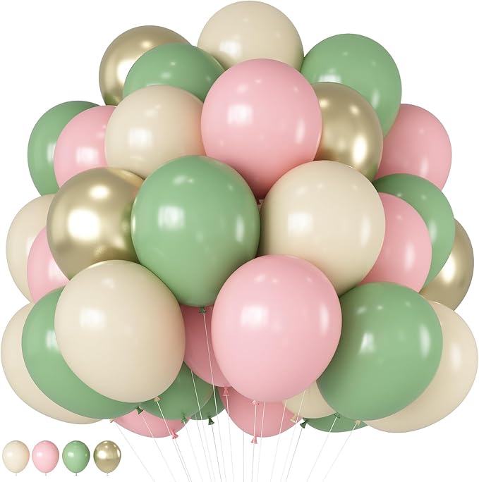 Sage Green Pink Balloons 12 Inch Olive Green Pastel Pink Ivory Metallic Gold Latex Balloon for Boho Baby in Bloom Fairy Floral Wildflower Tea Safari Jungle Baby Shower Birthday Party Decoration