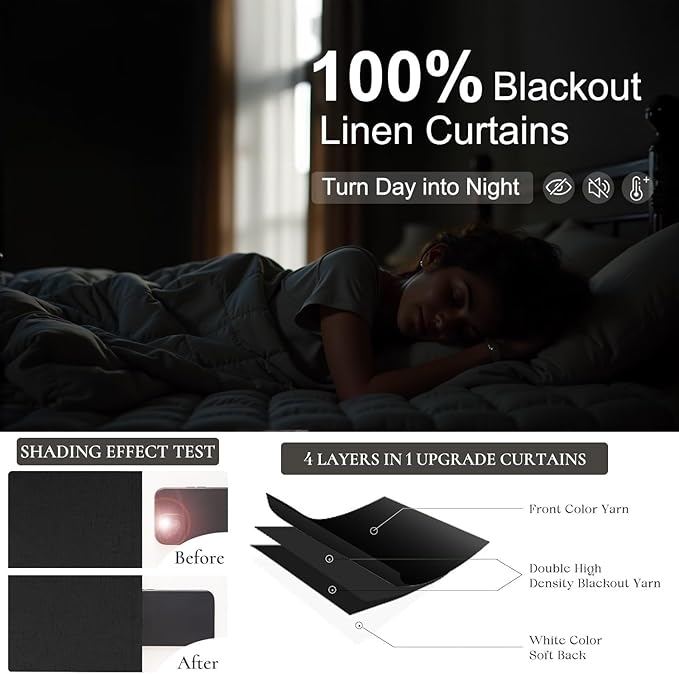 102 Inch Curtains Black Out Linen Blackout Curtains for Bedroom Aesthetic 2 Panel Long Drapes Large Window Sun Light Blocker Custom Made Size Thermal Insulated Curtains for Living Room 52x102 Length