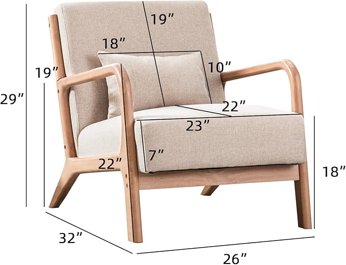 INZOY Mid Century Modern Accent Chair with Wood Frame, Upholstered Living Room Chairs with Waist Cushion, Reading Armchair for Bedroom Sunroom (Beige)