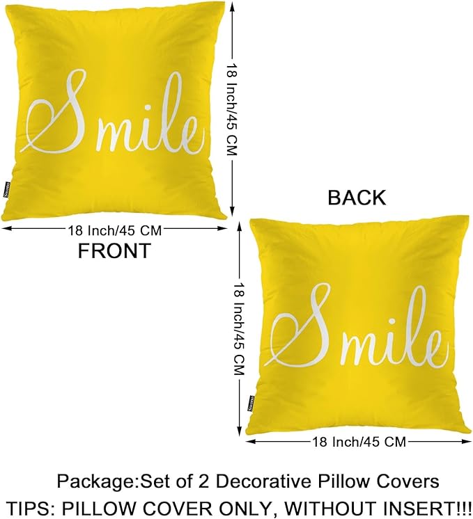 Swono Smile Decorative Throw Pillow Covers Pack of 2, Funny Word Pillow Cushion Cases 18"X18", Square Pillowcases Decoration for Sofa Couch Bedroom Living Room Car, Sunshine Yellow