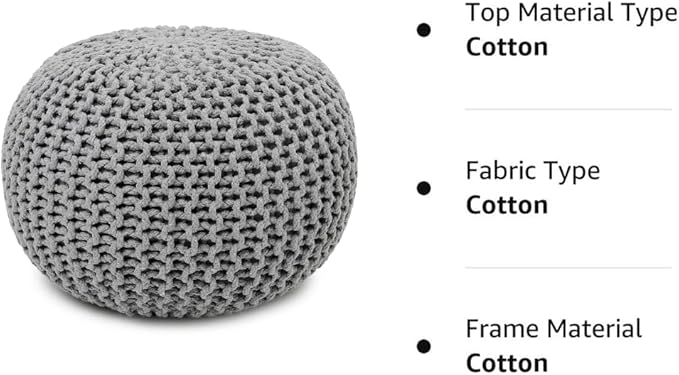 REDEARTH Round Boho Pouf Ottoman - Cable Knitted Cord Boho Pouffe - Stuffed Poof Accent Beanbag Footrest for Living Room - Nursery - Bedroom - Covered Patio - Study Nook (18”x18”x14”) - Gray-S