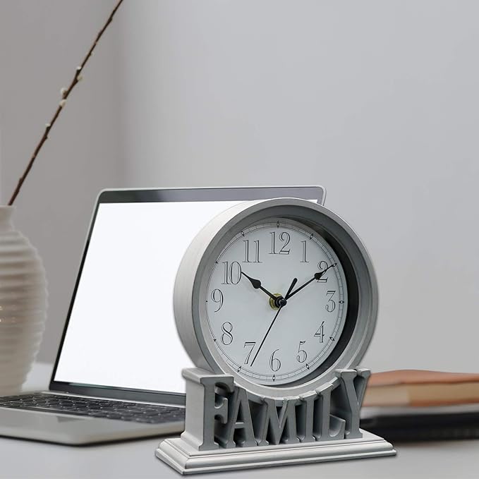 6.5 Inches Table Clock, Vintage Non-Ticking Family Mantel Desk Clock Battery Operated with Quartz Movement HD Glass for Kids Bedroom Living Room Office (Distressed Grey)