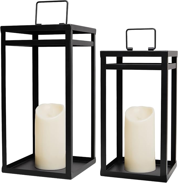 HPC Decor Black Metal Candle Lanterns Set of 2- Lanterns Decorative w/ LED Timer Candles- 15.8'' & 12.6'' Chunky Modern Farmhouse Lantern Decor for Indoor,Outdoor,Fireplace,Porch (No Glass)