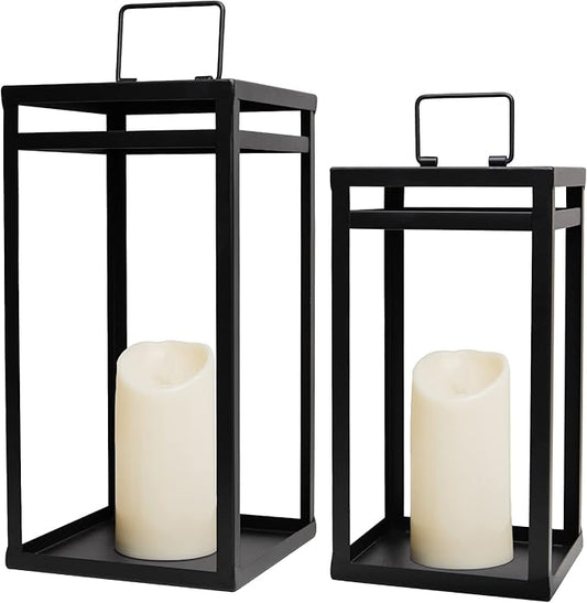 HPC Decor Black Metal Candle Lanterns Set of 2- Lanterns Decorative w/ LED Timer Candles- 15.8'' & 12.6'' Chunky Modern Farmhouse Lantern Decor for Indoor,Outdoor,Fireplace,Porch (No Glass)