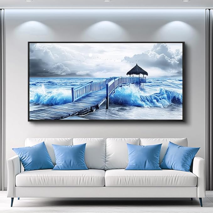 ZUITINGHUA Large Black Framed Wall Decor For Living Room Canvas Wall Art For Office Modern Wall Decorations For Bedroom Ocean Landscape Painting Black And White Pictures Artwork Home Decor 24x48 In