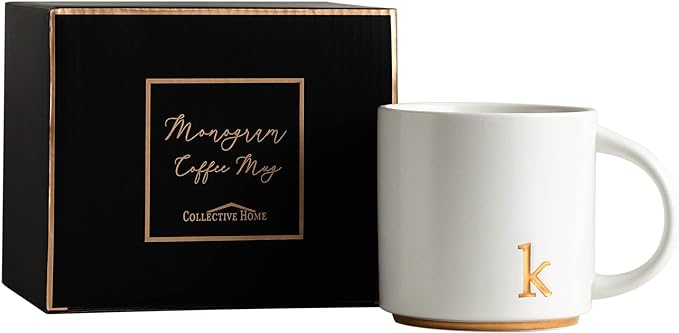 COLLECTIVE HOME - Monogram Ceramic Mugs, 15 oz Golden Initial Coffee Cups, Elegant Alphabet Tea Mugs, Elegant Personalized Mug with Gift Box, Luxurious Cups for Office and Home (k)
