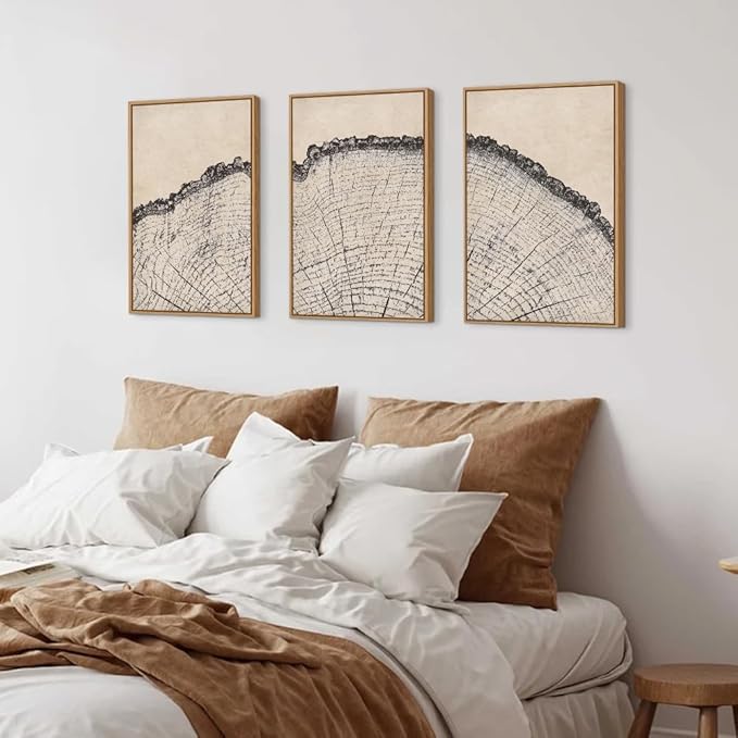 HPINUB Vintage Wood Tree Rings Wall Art Set, Framed Canvas Paintings, Black and White Nature-Inspired Decorative for Modern Home Decor for Living Room, Bedroom, Dining Room, Office- 16"x24"x3