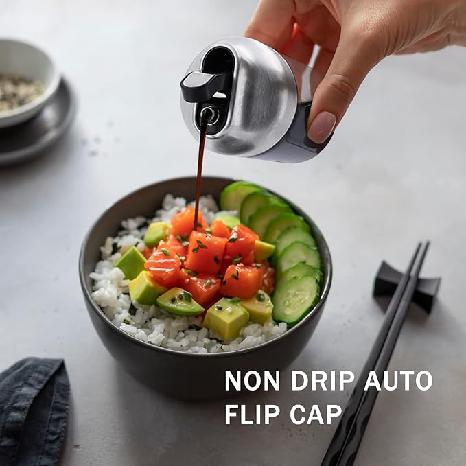 Aelga Soy Sauce Dispenser, 7oz Non-Drip Spout Oil and Vinegar Dispenser with Auto Flip Cap, Glass Oil Cruet for Kitchen Cooking