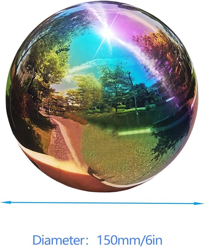 Rainbow Gazing Globe Mirror Ball in Stainless Steel, Shiny Hollow Sphere Sparkling Housewarming Outdoor Ornament (6 Inch)