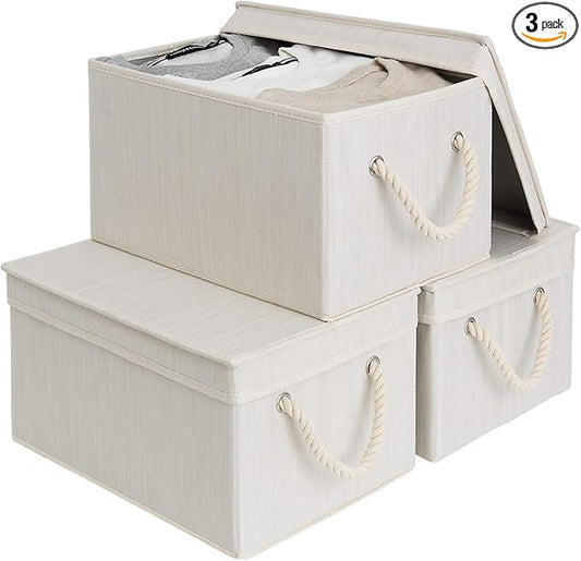 StorageWorks Large Storage Bins with Lids, Decorative Storage Boxes with Lid and Soft Rope Handles, Foldable Storage Baskets for Closet, Shelves, Stackable, Ivory and White, 3-Pack