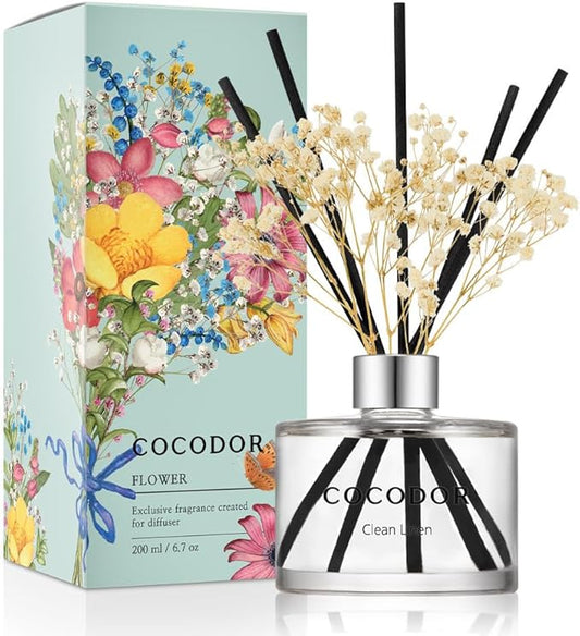 COCODOR Flower Reed Diffuser Set / 6.7oz / Clean Linen/Scent Diffuser with Sticks Home Fragrance Reed Diffuser for Bathroom Shelf Decor