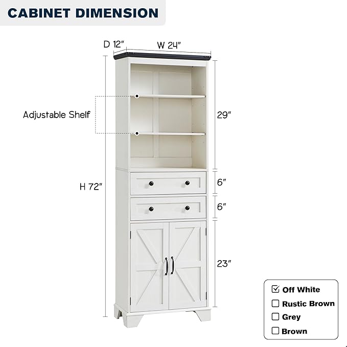 72" Tall Bathroom Storage Cabinet, Farmhouse Storage Cabinet with 2 Drawers, Adjustable Shelves & Barn Door, Cabinet for Bathroom, Living Room, Kitchen, Off White