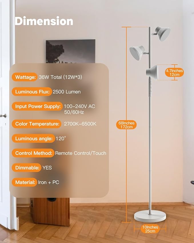 LED Tree Floor Lamp Silver, 36W Super Bright Standing Lamp with Remote Control, 4 Color Temperatures, 3 Rotatable LED Lights, Dimmable Floor Lamps for Living Room, Bedroom, Office