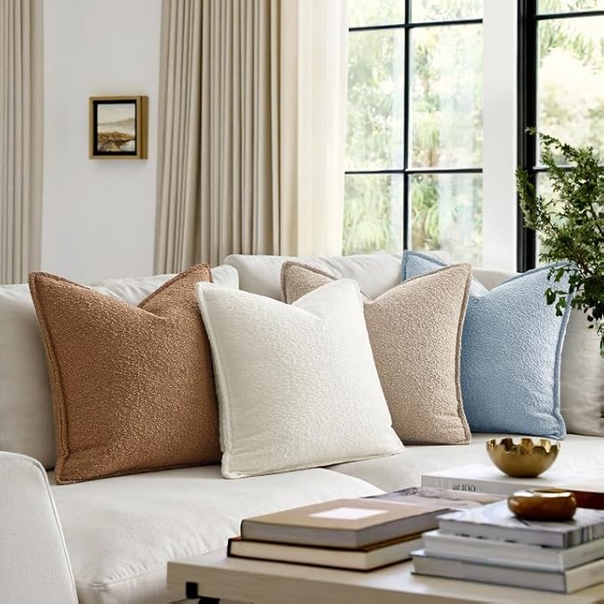 MIULEE Pack of 2 Decorative Textured Boucle Throw Pillow Covers 18x18 Inch Light Blue Broadside Thick Coastal Boho Pillows for Farmhouse Accents Sofa Couch Bedroom Living Room Home Decor