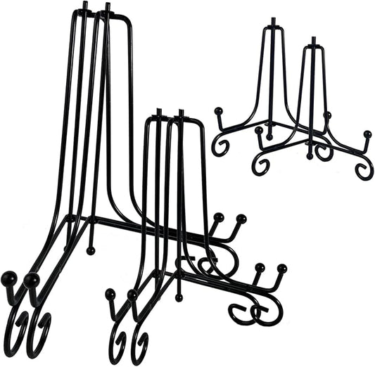 6PCS 3 Size Black Iron Plate Stands for Display - 4, 6, 8 Inch Decorative Metal Plate Holders - Mini Easel, Frame, Book, Card, Plaque, Bowl, Picture Display Stands