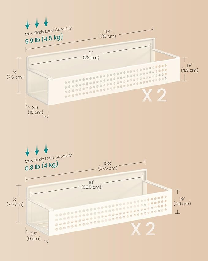 SONGMICS Magnetic Spice Rack for Refrigerator, Set of 4, 2 Large and 2 Small Kichen Magnetic Shelves for Microwave, Washing Machine, Spice Organizers, No Drilling Needed, Cream White UKCS061W01