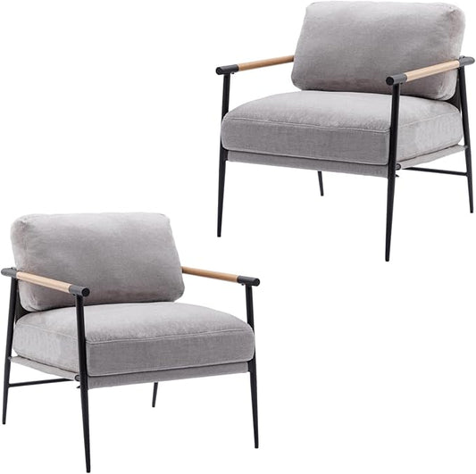 Mid-Century Accent Chair Set of 2, Soft Armchair Chenille Fabric Lounge Chair with Black Metal Legs, Upholstered Leisure Chair for Living Room Bedroom Reception Room, Grey