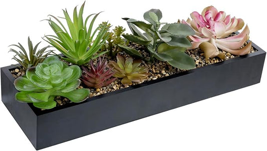 MyGift Artificial Assorted Succulent Arrangement in Rectangular Black Wood Planter Box, Fake Plant Decor