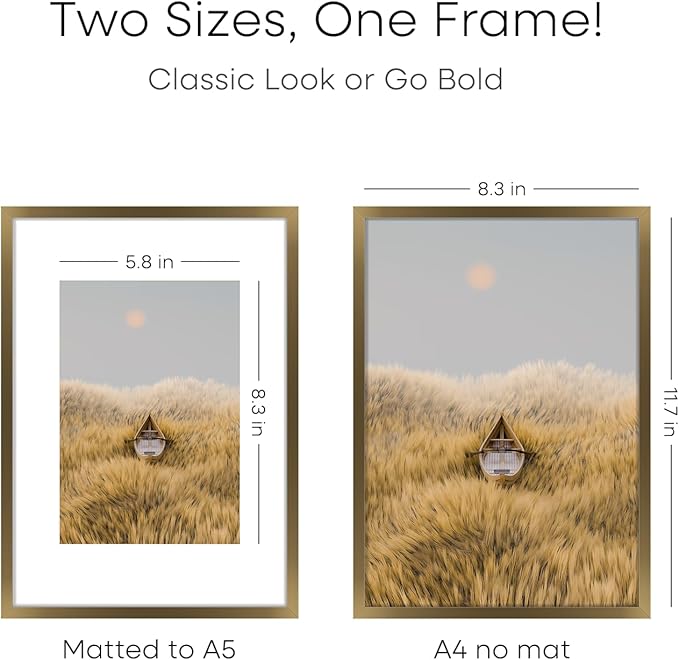 Homeforia A4 Picture Frame Bronze, High End Metal 8.3 x 11.7 inch Brass Poster Frames with Mat 5.8 by 8.3 Print, A4 Frames Matted to A5 Photo, 8.3x11.7 Wall or Tabletop Frame, Tempered Glass, Set of 1