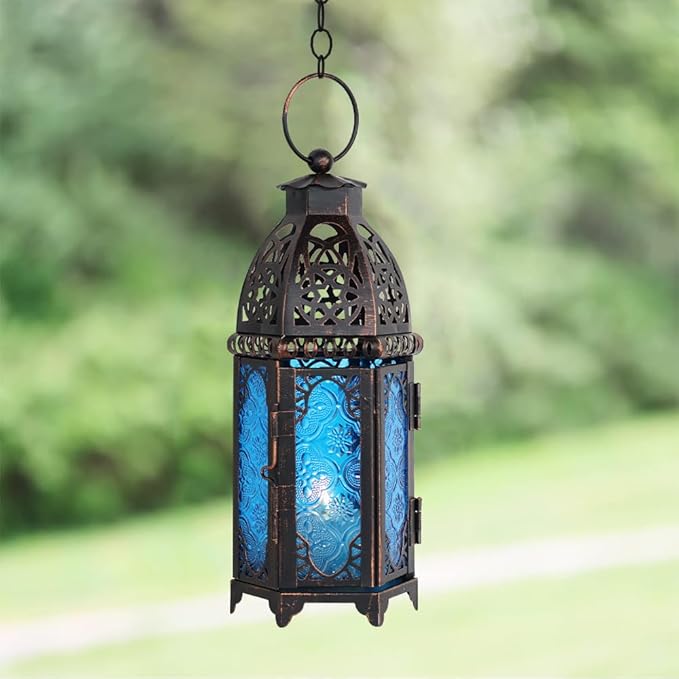 NEEDOMO Hanging Moroccan Lantern, 11'' Vintage Candle Holder, Metal Lanterns Decorative Indoor Outdoor, Table, Patio, Porch, Shelf, Gothic Home Decor (Blue, Medium Size)