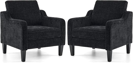 VINGLI Living Room Chairs Set of 2, Black Accent Chair 5.5" Thick Seat Cushion Comfy Chair Soft Chenille Side Chair Upholstered Arm Chair for Bedroom, Play Room, Apartment, Office (Black)