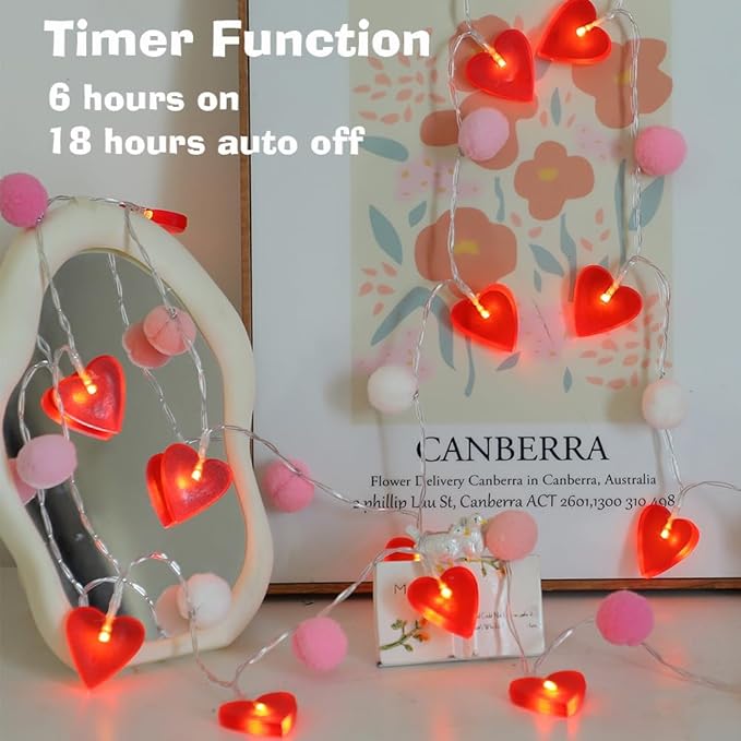 Red Heart String Lights 9.85 Ft Valentines Light with 20 LEDs 20 Pink Pom Poms Garland Lights Battery Operated with Timer Valentines Decorations for Wedding Party Valentine Decor