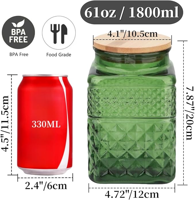 61oz Square Glass Canister, Candy Jar with Lid, Glass Food Storage Container for Ground Coffee, Tea, Sugar, Decorative Mason Jar Cookie Jars (Green)