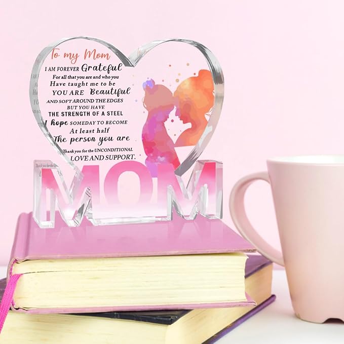 Mothers Day Gifts Best Mom Gifts -Gifts for Mom from Daughter Son - Best Mom Ever Gifts Unique Mother Birthday Acrylic Heart-Shaped Plaque Desk Decorations Present for Mom Christmas Anniversary