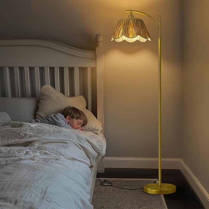 Oneach Arc Floor Lamp for Living Room,Rattan Boho Floor Lamp with Hand-Woven Wicker Shade, Foot Switch,Gold Metal Base & Pole,Farmhouse Standing Lamp for Bedroom Corner,Reading