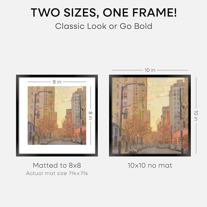 Homeforia 10x10 Black Picture Frame, High End Metal 10 by 10 Square Frames with Mat 8 x 8 Opening, 10by10 Poster Frames Matted to 8x8 Photo, Wall or Tabletop Frames, Tempered Glass, Wall Kit, Set of 1