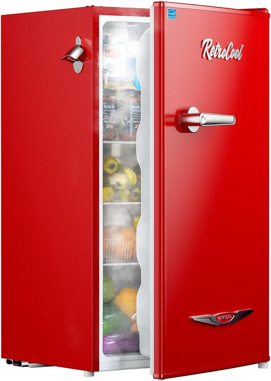 Upstreman 3.2 Cu.Ft Retro Mini Fridge with Bottle Opener, Energy Saving, Adjustable Thermostat, Metal Handle, LED Lamp, Mini Refrigerator for Bedroom, Office, Dorm-BR321 PRO (Red)