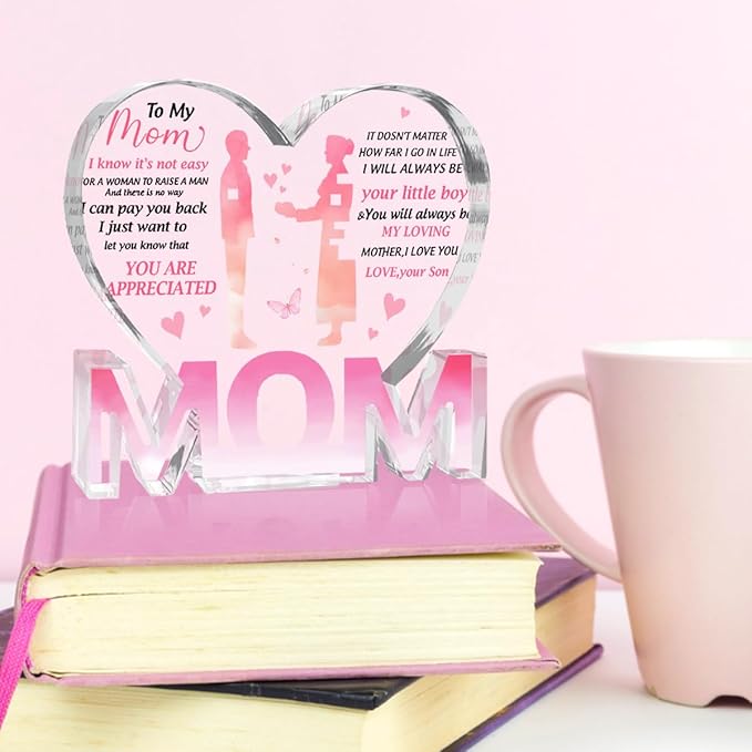 Mothers Day Gifts Best Mom Gifts -Gifts for Mom from Daughter Son - Best Mom Ever Gifts Unique Mother Birthday Acrylic Heart-Shaped Plaque Desk Decorations Present for Mom Christmas Anniversary
