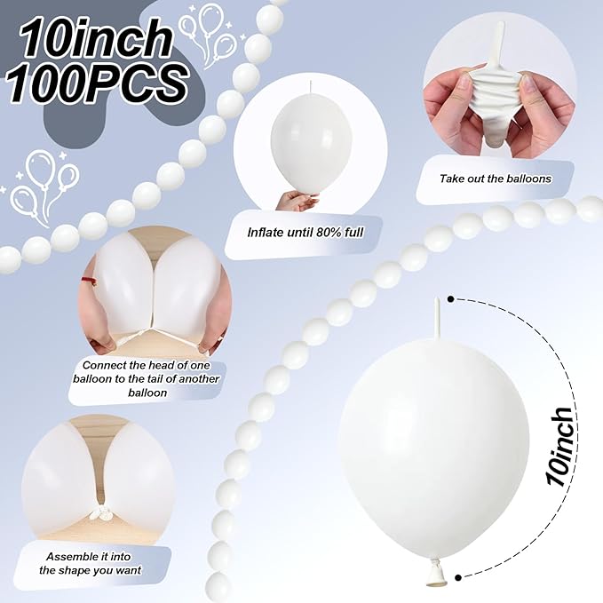 White Quick Link Balloons - 100PCS Linking Balloons for Wedding, Birthday, Baby Shower, Engagement, Graduation Party Decorations (10inch)