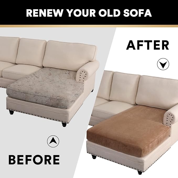 PrinceDeco Sectional Couch Covers Velvet Couch Cover for Dogs Washable L Shaped Couch Cover 1 Piece Individual Sectional Couch Covers with Elastic Bottom(Chaise Lounge,Camel)