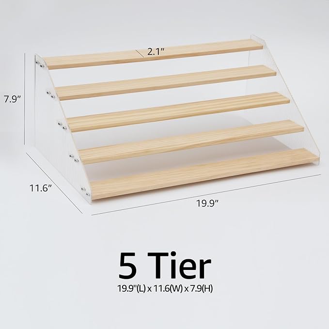 nianfeng Tiered Spice Rack, 5-Tier Spice Pantry Kitchen Cabinet Organizer, 19.9-Inch, Natural Wood Acrylic Stair Riser Stand, Countertop Seasoning Shelf
