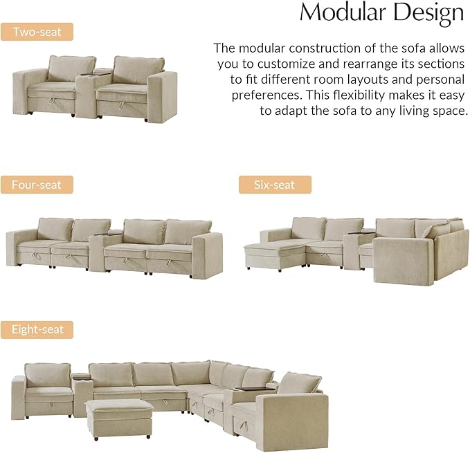 HULALA HOME 148" Modular Sectional Sofa with USB Port and Console, 4 Seater Sofa with Storage Ottoman, Oversized Sectional Couches for Living Room, FSC Certified, Beige