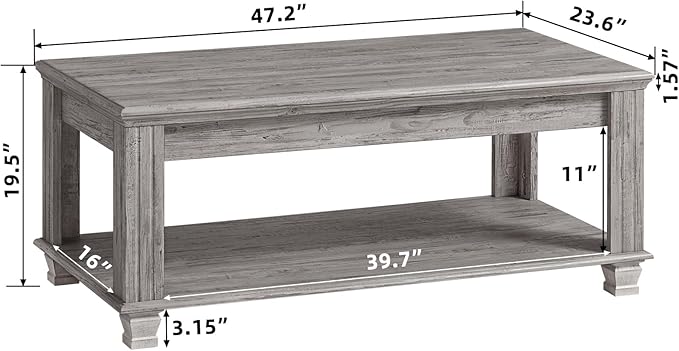 Farmhouse Coffee Tables for Living Room,Square Tea Table with Open Storage Shelf,Large Coffee Table,Rustic Wooden Center Table,Gray