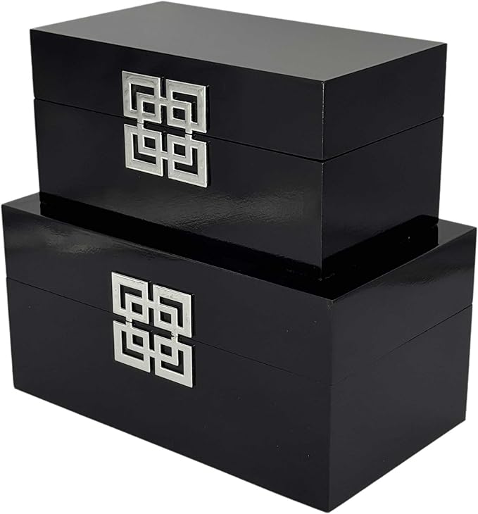 Galt International Storage Box Set Decorative Storage Box w/Hinged Lid Classic Design Wood Decor Boxes with Geometric Clasp Storage for Bedroom & Home - Set of 2 (Black & Silver)